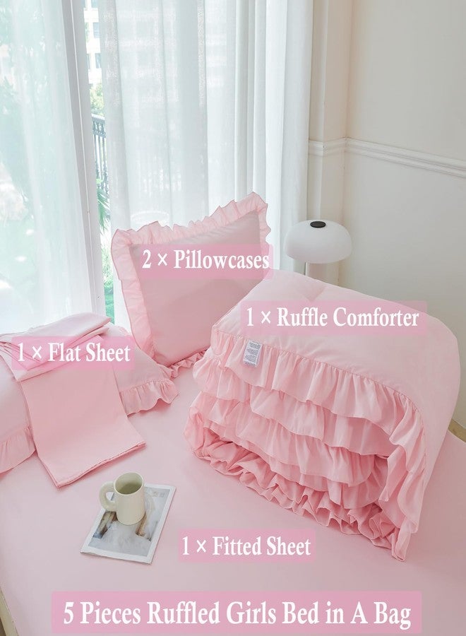 ANGIYUIN 5 Pieces Pink Comforter Set Queen Size Ruffled Bedding Sets Farmhouse Bed Comforter Set with Ruffle Design Solid Color Fluffy Bed in A Bag for Women(Pink Queen) - Image 4