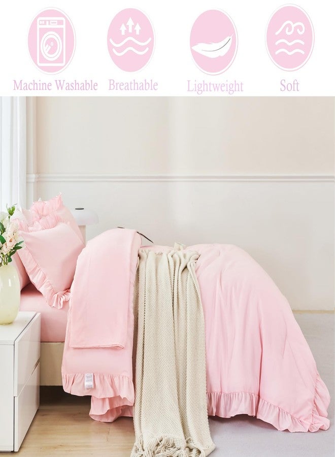 ANGIYUIN 5 Pieces Pink Comforter Set Queen Size Ruffled Bedding Sets Farmhouse Bed Comforter Set with Ruffle Design Solid Color Fluffy Bed in A Bag for Women(Pink Queen) - Image 5