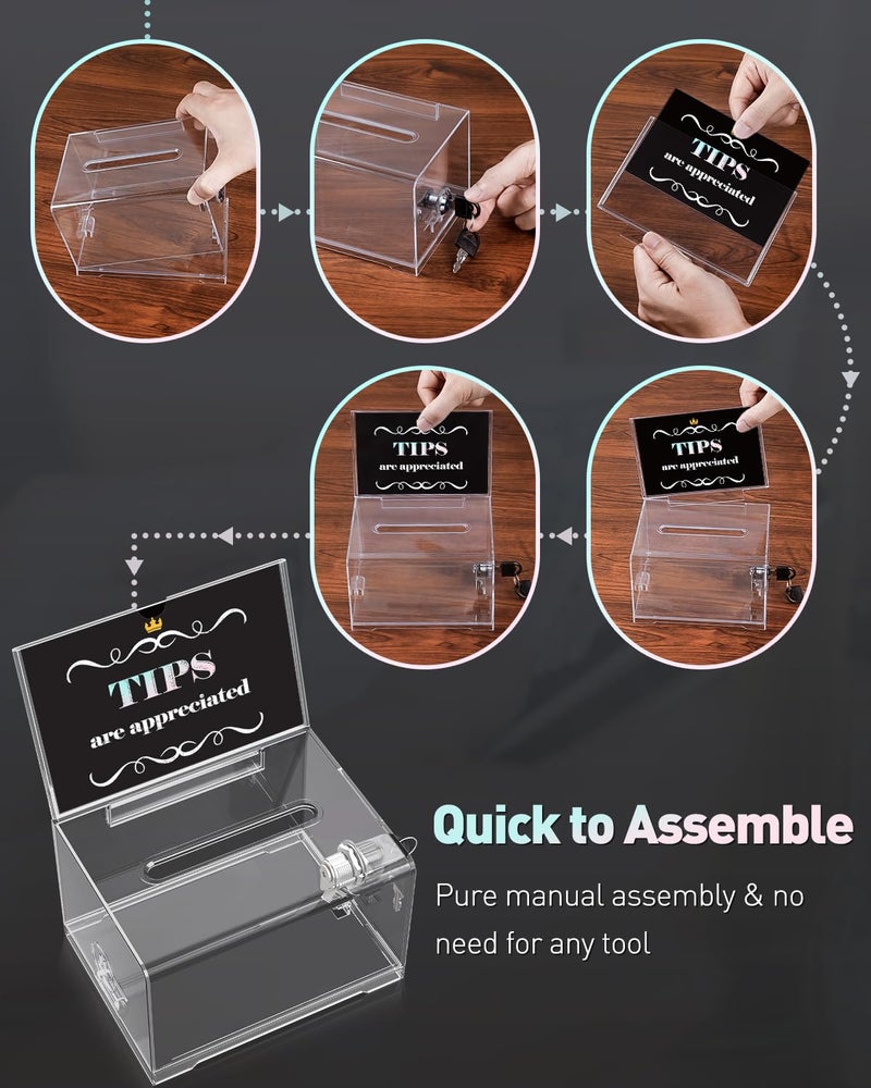 Uniclife 6.2" x 4.7" x 4" Acrylic Donation Box Ballot Box with Slot Plastic Tip Jar Suggestion Boxes with Lock and Sign Holder Storage Container for Fundraising Voting Charity Tip Collection Box - Image 4