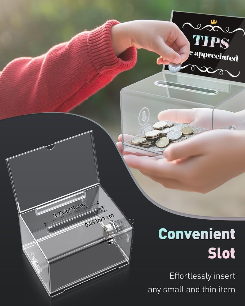 Uniclife 6.2" x 4.7" x 4" Acrylic Donation Box Ballot Box with Slot Plastic Tip Jar Suggestion Boxes with Lock and Sign Holder Storage Container for Fundraising Voting Charity Tip Collection Box - Image 5