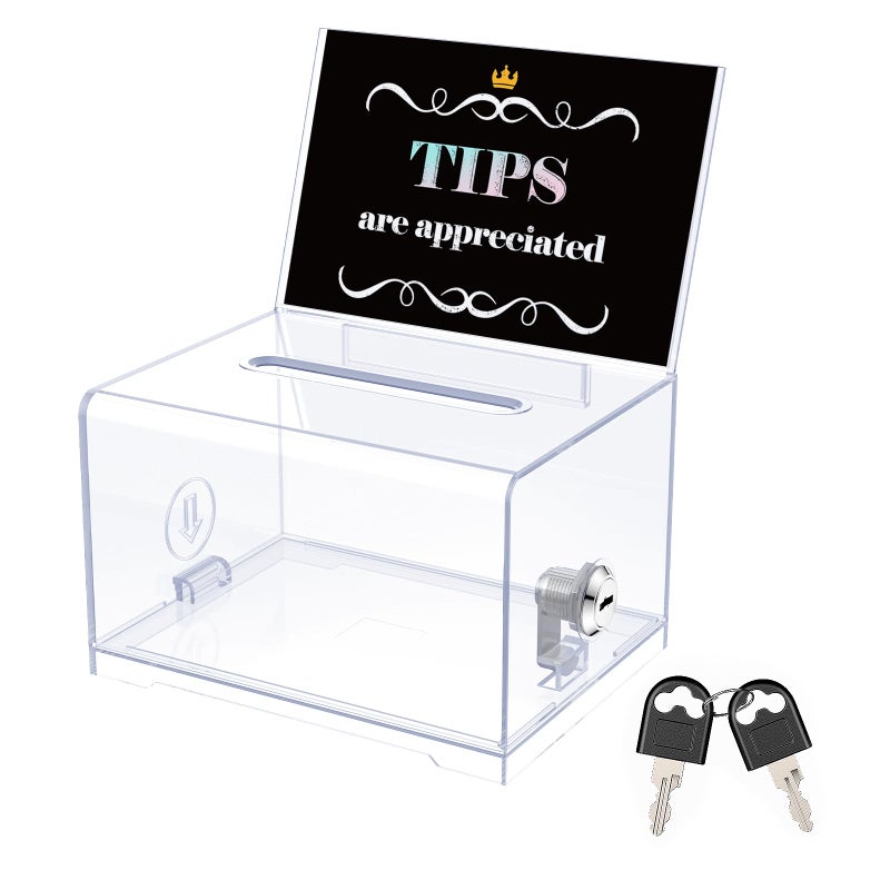 Uniclife 6.2" x 4.7" x 4" Acrylic Donation Box Ballot Box with Slot Plastic Tip Jar Suggestion Boxes with Lock and Sign Holder Storage Container for Fundraising Voting Charity Tip Collection Box - Image 1