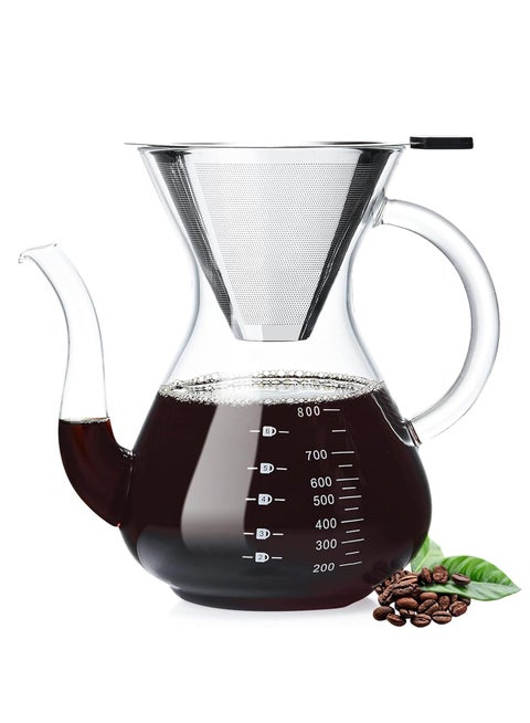 صانعة قهوة بالتنقيط مع فلتر من الفولاذ المقاوم للصدأ، زجاج بوروسيليكات مقاوم للحرارة بسماكة، جهاز تنقيط قهوة آمن للاستخدام على الموقد بسعة 800 مل مناسب للعائلة بأكملها