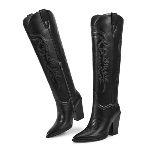 ISNOM Black Cowboy Boots for Women Cowgirl Western Boots Womens Knee High Cowboy Boot Tall Wide Calf Cowboy Boot - Image 3