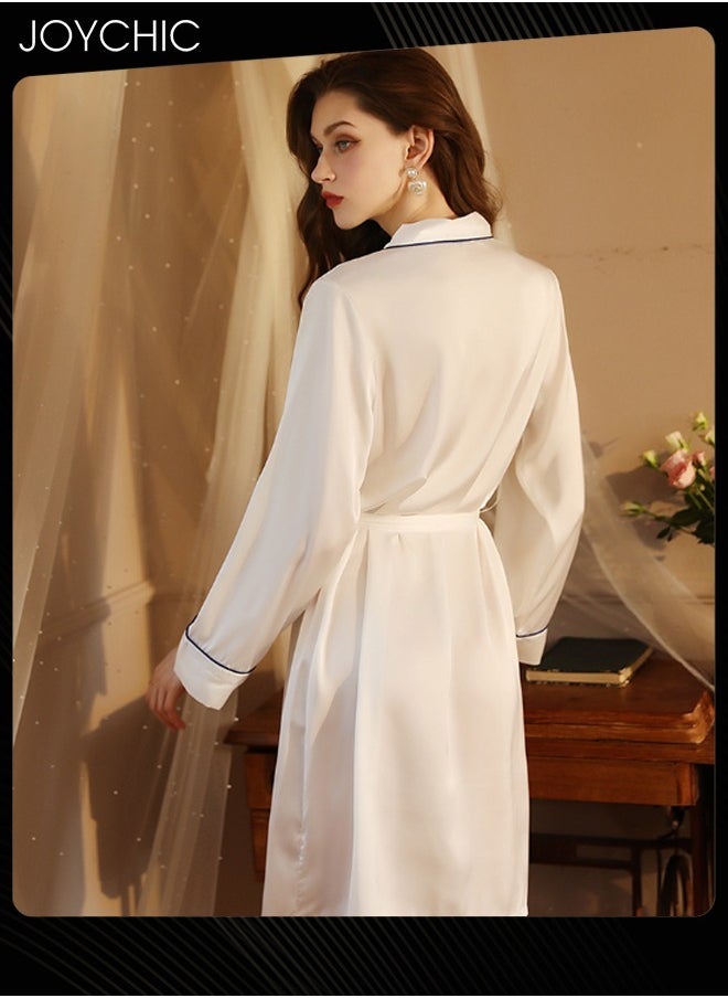 Joychic - Simple Spring and Autumn Women Sleepwear Wrapping Strip Design Long Satin Nightgown Soft and Smooth Female V Cardian Pajamas with Belt White - Image 1