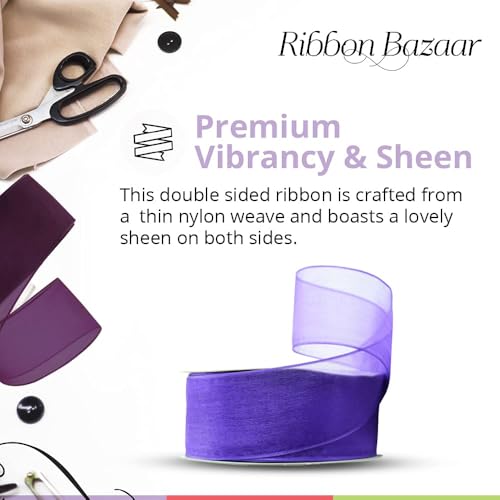 Ribbon Bazaar شريط بازار شفاف من الأورجانزا مع سلك - شريط مزود بسلك 100% بوليستر لتزيين الزهور، ترتيبات الطاولة، تزيين الملابس والمزيد - 1-1/2" أزرق ملكي 25 ياردة - Image 5