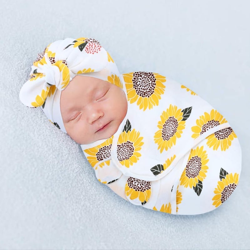 Cinaci 2 Pack Soft Cotton Baby Receiving Swaddle Blankets Wraps Sleep Sacks with Matching Bow Newborn Nursery Bow Hats Caps Beanies Bonnets for Baby Girls Boys Newborns Infants (Multicolor S8) - Image 3