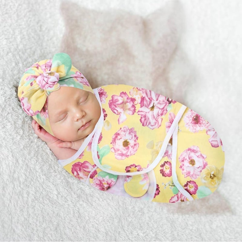 Cinaci 2 Pack Soft Cotton Baby Receiving Swaddle Blankets Wraps Sleep Sacks with Matching Bow Newborn Nursery Bow Hats Caps Beanies Bonnets for Baby Girls Boys Newborns Infants (Multicolor S8) - Image 2