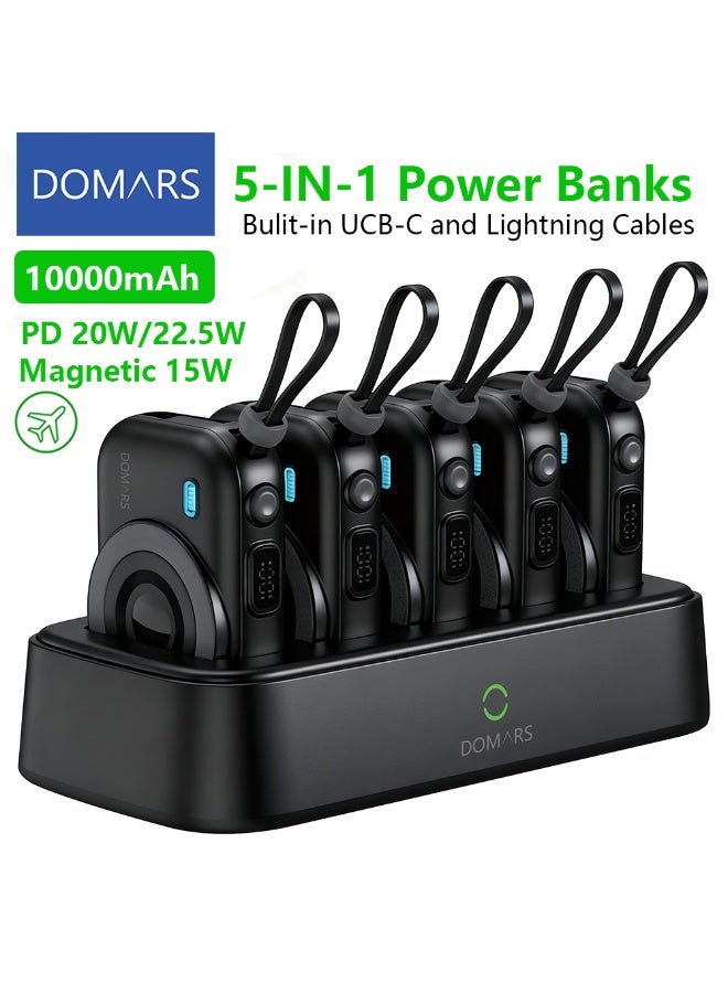 Domars Family Shared Magnetic Power Bank Set with Charging Dock | 5 X 10000mAh Portable Charger with Built-in Cables Lightning and Type-C & 15W Wireless Fast Charging For iphone X XS XR 11 12 13 14 15 16 17 Pro Max | LED Display | Airport Friendly Home & Travel Etc (Black) - Image 1