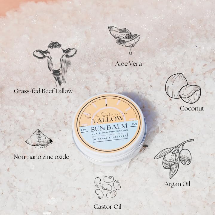 Simple Sophistication Tallow Sun Balm- with grassfed beef tallow, castor oil, zinc oxide | Mineral Sunscreen | Natural, Organic | Reef Safe, Ocean Friendly | Spf 30 - suitable for sensitive skin (2 oz) (Medium) - Image 4