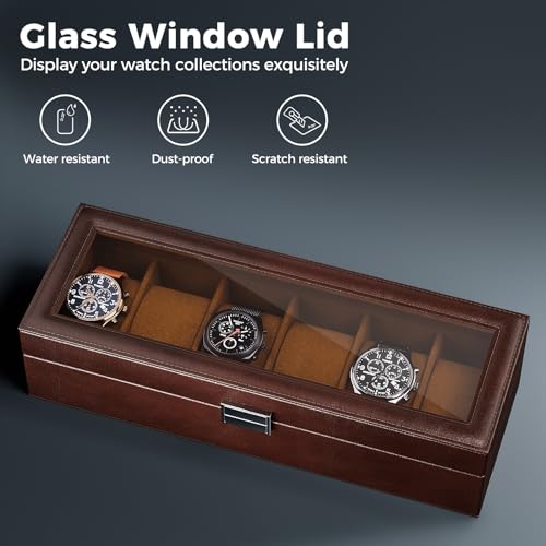 ProCase Watch Box for Men, 6 Slot Mens Watch Case, Watch Storage Watch Holder Organizer for Men, Watch Display Case With Glass Lid -6 Slot, Espresso - Image 3