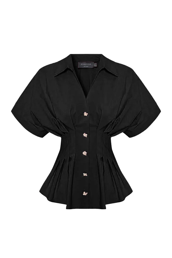 EXQUISE Dropped Sleeve Waist-Fit Pleated Poplin Shirt