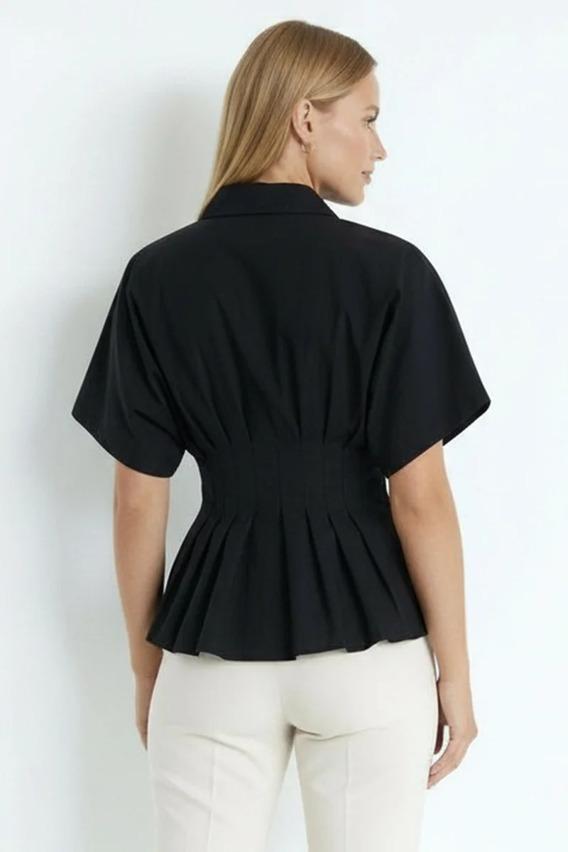 EXQUISE Dropped Sleeve Waist-Fit Pleated Poplin Shirt