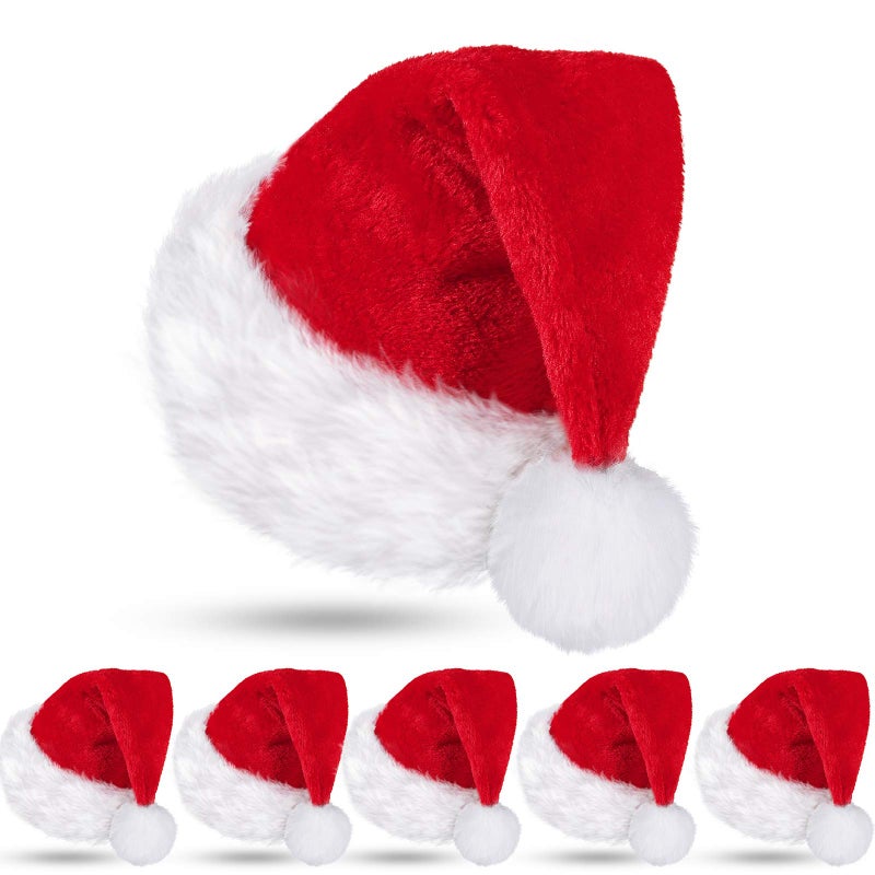SATINIOR 6 Pcs Christmas Santa Hat Claus Xmas Hat for Adults Unisex with Lining Plush Brim for Christmas New YearAdult SizeRed Velvet