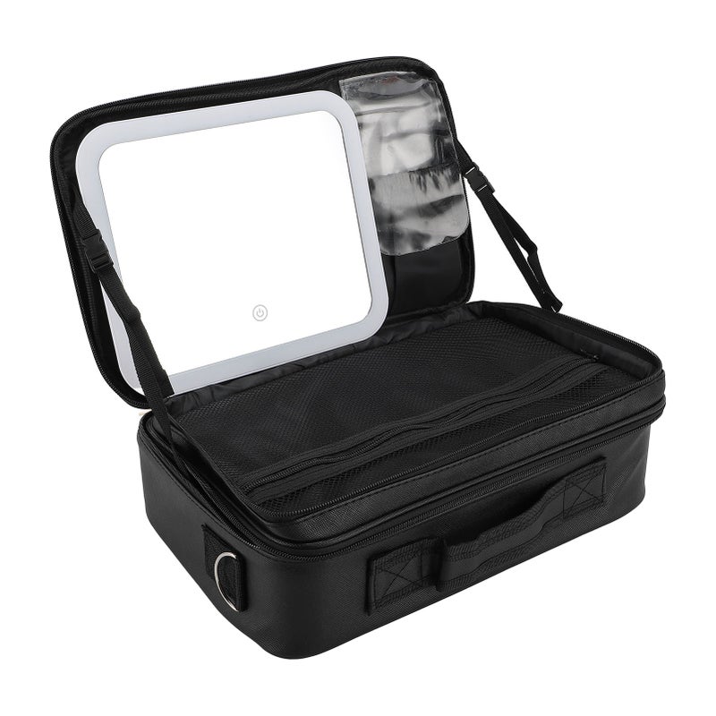 Makeup Bag with Mirror and Light 3 Color Temperatures Adjustable Divider Rechargeable Dimming LED Cosmetic Train Case Black - Image 4