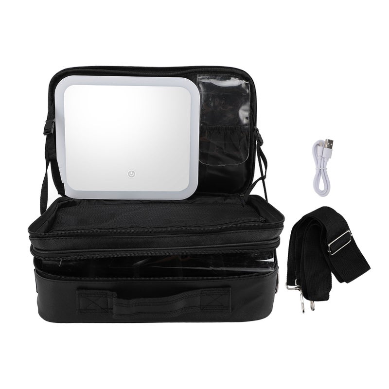 Makeup Bag with Mirror and Light 3 Color Temperatures Adjustable Divider Rechargeable Dimming LED Cosmetic Train Case Black - Image 1