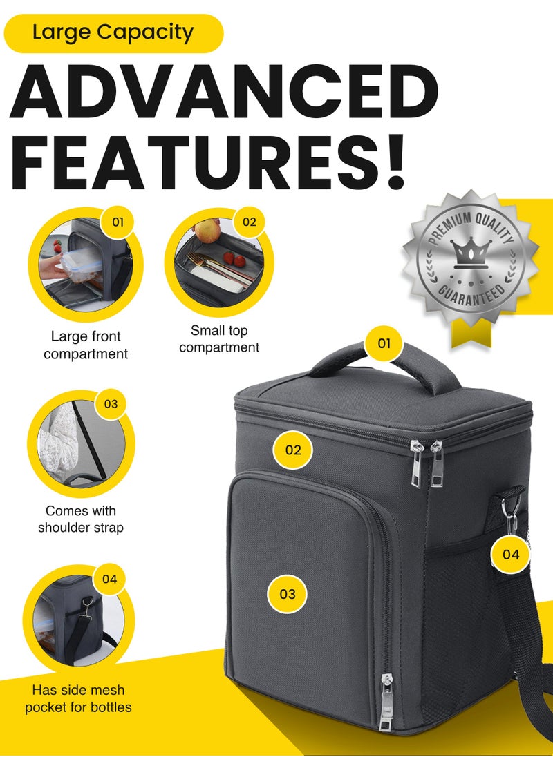 hssentials - Lunch Bag Cooler Bag Insulated 9L Spacious Food Bag Top+Front Space Shoulder Strap Quality Zippers Lunch Box Bag for Adult Men Women Office Lunch Bags for School Aesthetic Lunch Bag Grey - Image 1
