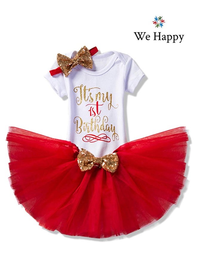 We Happy 4 Pieces Its My 1st Birthday Costume Princess Theme Dressing up Toy Baby Girl Party Fancy Wear with Tutu Skirt, Cake Topper and Floral Headband  - Image 2