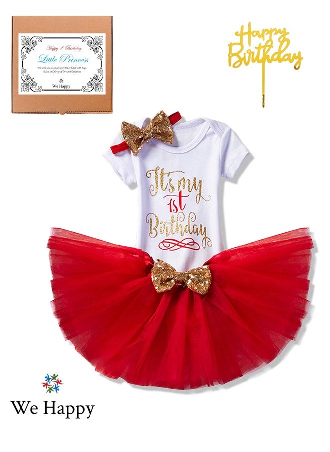 We Happy 4 Pieces Its My 1st Birthday Costume Princess Theme Dressing up Toy Baby Girl Party Fancy Wear with Tutu Skirt, Cake Topper and Floral Headband  - Image 1