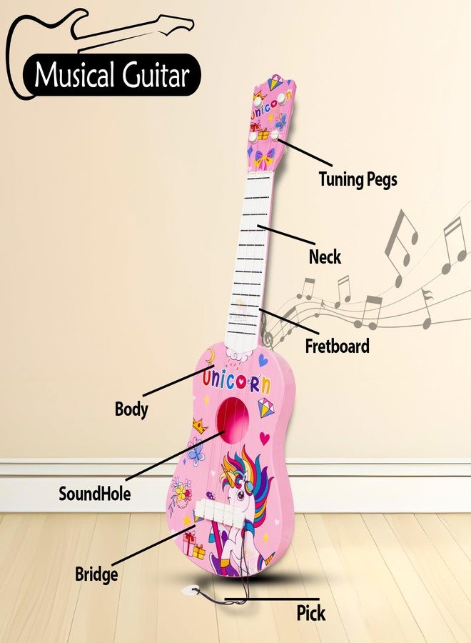 WISHKEY Unicorn Theme Guitar 4 Strings Acoustic Music Toys for Kids, Educational Toy Guitar for Beginners, Musical Instrument, Learning Musical Toy, Sound Toys, Pink, 6+Years, 22" (Pack of 1) - Image 3