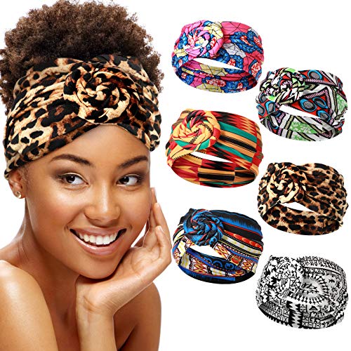 WILLBOND 6 Pcs African Headbands for Women Knotted Wide Non Slip Yoga Stretchy Turban Hair Scarfs Boho Print Headwrap Hair Accessories for Women Yoga Running Sports Workout - Image 1