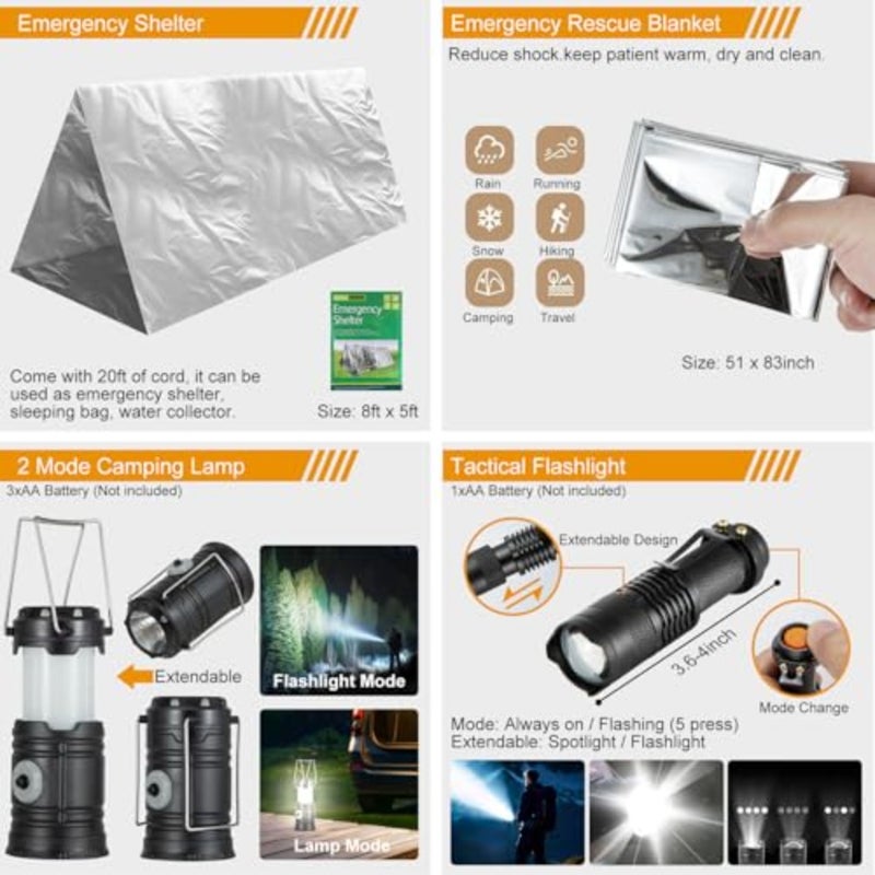 Survival Kit, 360 Pcs Bug Out Bag with First Aid Kit.Camping Axe, Survival Shovel, Tools Ideal for Camping, Hiking - Image 5