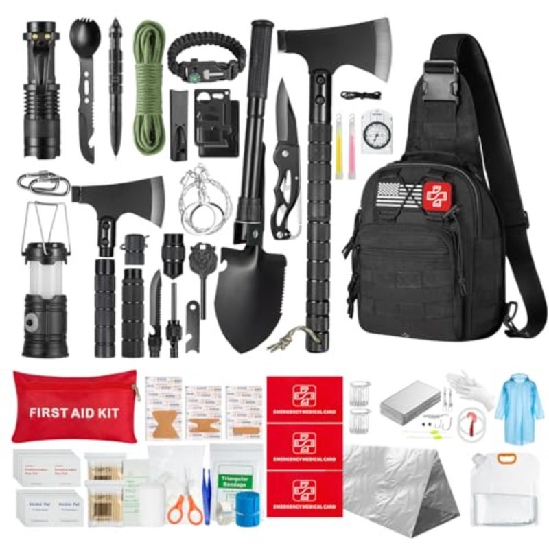 Survival Kit, 360 Pcs Bug Out Bag with First Aid Kit.Camping Axe, Survival Shovel, Tools Ideal for Camping, Hiking - Image 1