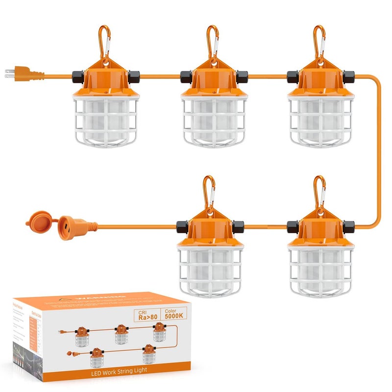 NS 50FT Construction String Lights LED Industrial Grade Super Bright 5000K IP65 Linkable for Construction Sites Temporary Work Renovation Jobsite All Outdoor Lighting with 5 Bulbs and Hook - Image 2