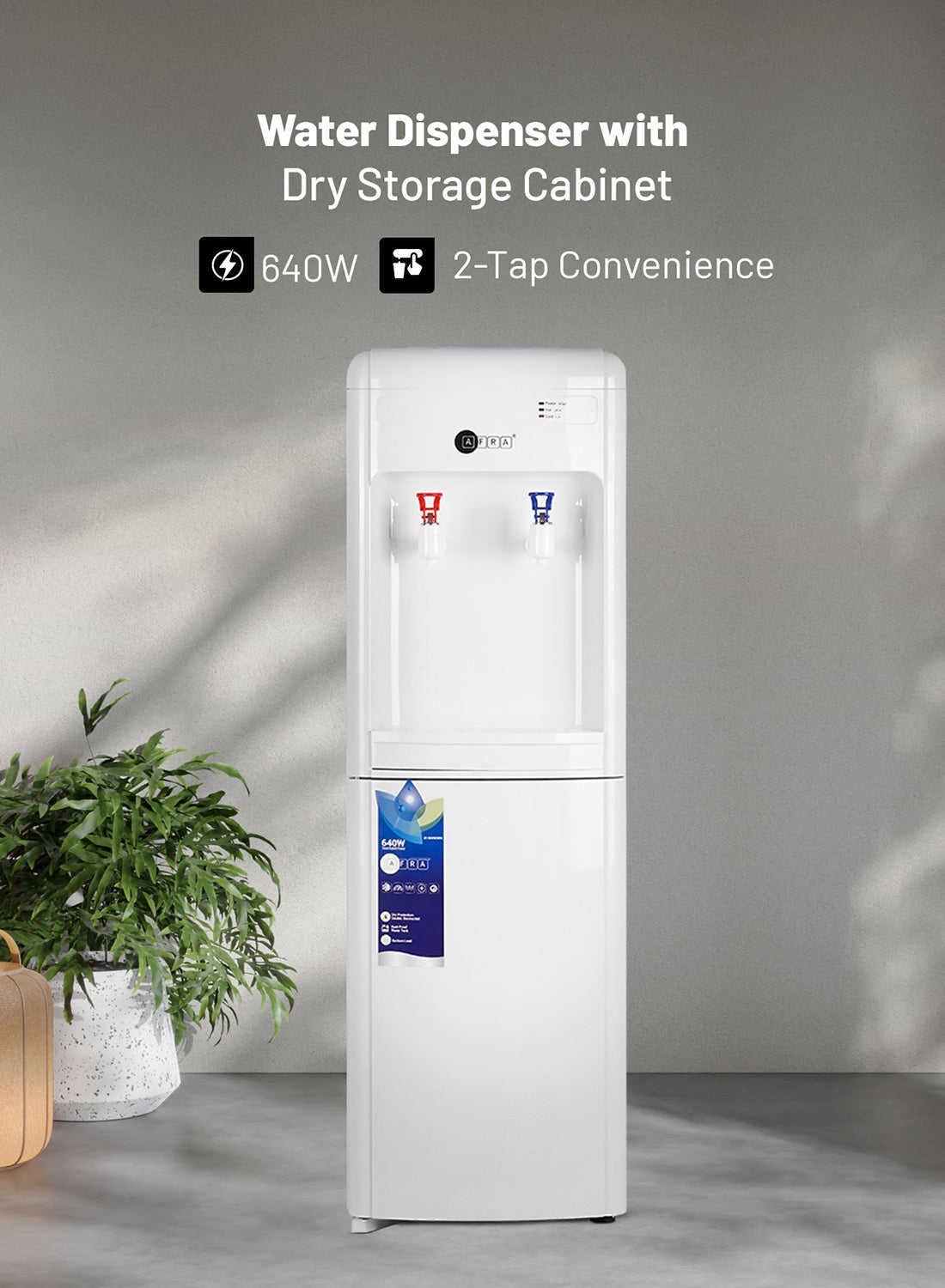 Water Dispenser with Dry Storage Cabinet | Hot & Cold | Fast Heating & Cooling | Double Thermostat | 2-Year Warranty | 640 Watt AF-9050WDWH White