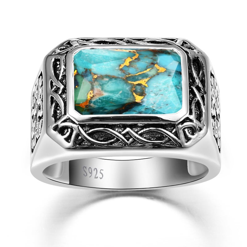 Yaresul Radiant Cut Turquoise Rings for Men 925 Sterling Silver Vintage Turkish Handmade Celtic Pattern Pinky Ring Engagement Ring Band for Dad Father Size 10 - Image 2