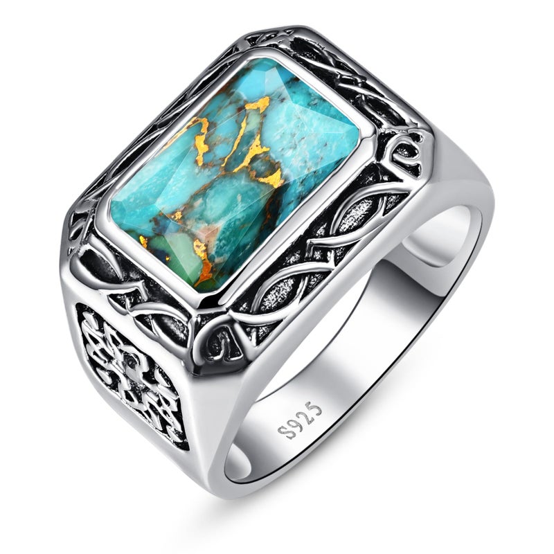 Yaresul Radiant Cut Turquoise Rings for Men 925 Sterling Silver Vintage Turkish Handmade Celtic Pattern Pinky Ring Engagement Ring Band for Dad Father Size 10 - Image 1