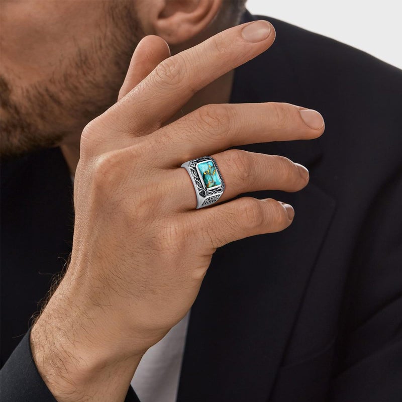 Yaresul Radiant Cut Turquoise Rings for Men 925 Sterling Silver Vintage Turkish Handmade Celtic Pattern Pinky Ring Engagement Ring Band for Dad Father Size 10 - Image 5