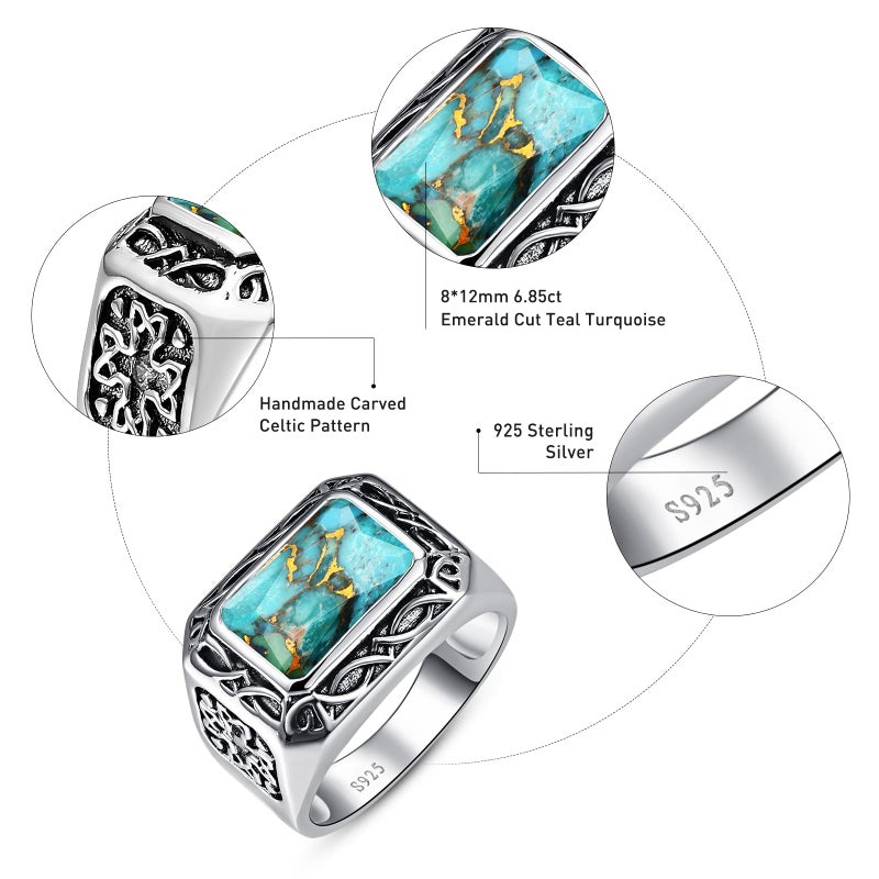 Yaresul Radiant Cut Turquoise Rings for Men 925 Sterling Silver Vintage Turkish Handmade Celtic Pattern Pinky Ring Engagement Ring Band for Dad Father Size 10 - Image 3