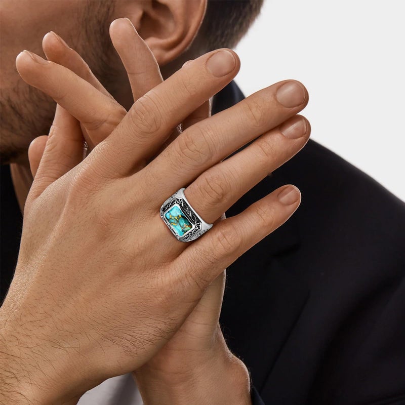 Yaresul Radiant Cut Turquoise Rings for Men 925 Sterling Silver Vintage Turkish Handmade Celtic Pattern Pinky Ring Engagement Ring Band for Dad Father Size 10 - Image 4