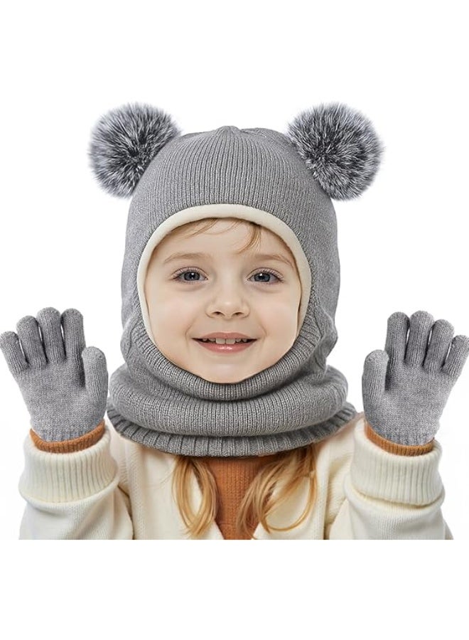 Toddler Winter Hat Scarf Glove Set, Unisex Baby Kids Velvet Lined Knitted Hat with Neck Warmer for Cold Weather - Image 1