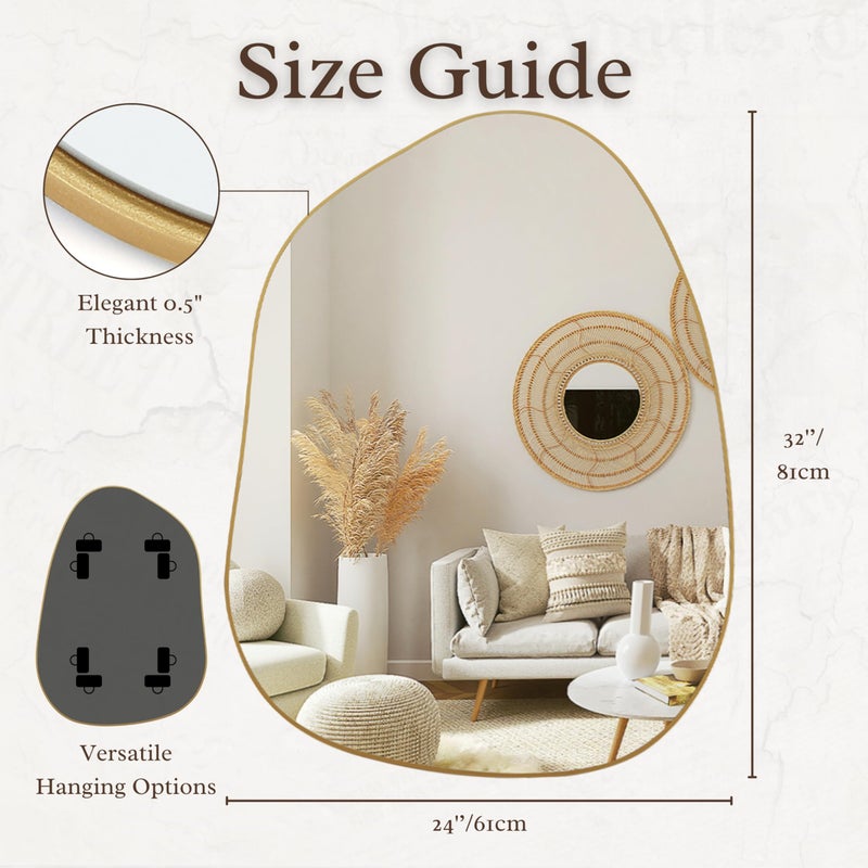 PERFNIQUE Irregular Wall Mirror Asymmetrical Mirror, 32''x24'' Gold Mirror for Bathroom Bedroom Living Room Entryway, Decorative Modern Boho Decor, Wall Mouted(Gold, 32''x24'') - Image 3