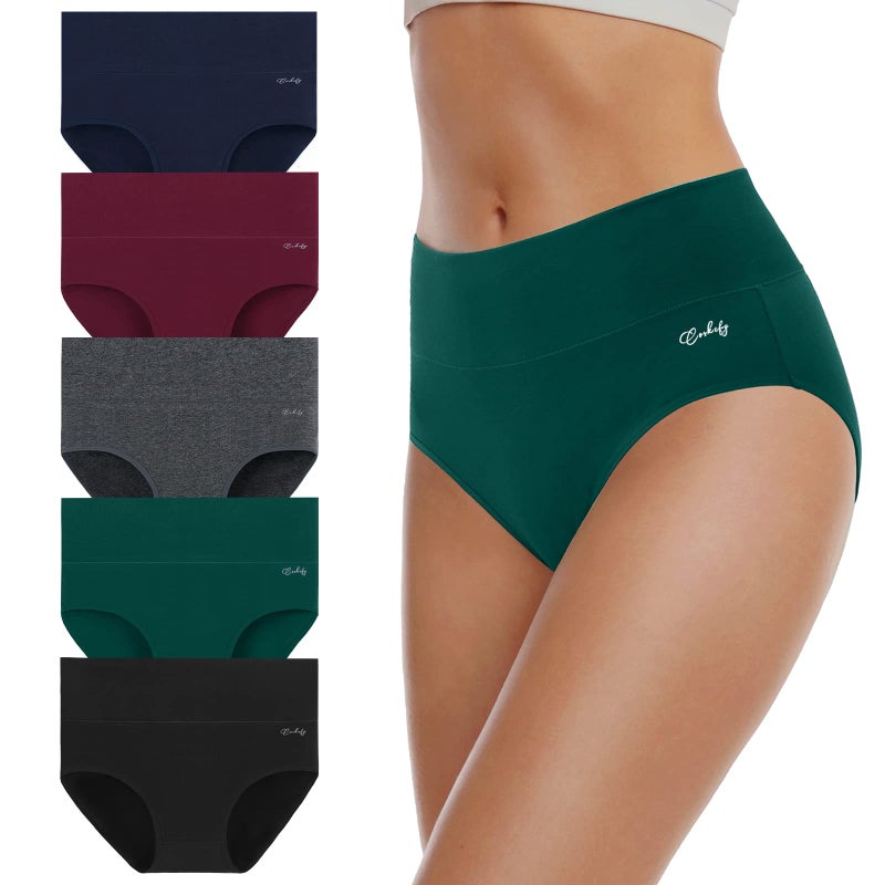 coskefy Women's High Waisted Cotton Underwear Soft Breathable Panties Stretch Briefs 5 Pack Multicolor - Image 1