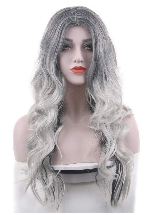 Besuante Beautyself Silver Grey Costume Wigs For Women Halloween Curly Long Wavy Fashion Cosplay Ombre Black Mix Gray Hair Wigs With Wig Cap - Image 2