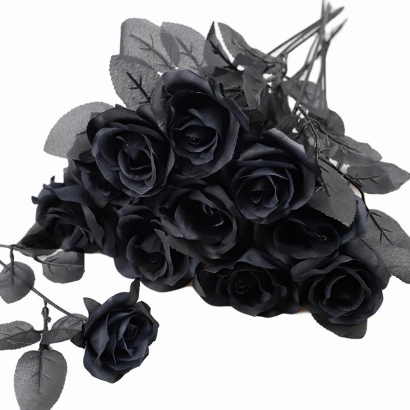TUZAZO 10pcs Black Roses Artificial Flowers with Stems Faux Silk Flowers Bridal Gothic Wedding Bouquet Realistic Blossom Flora for Home Office Hotel Decorations