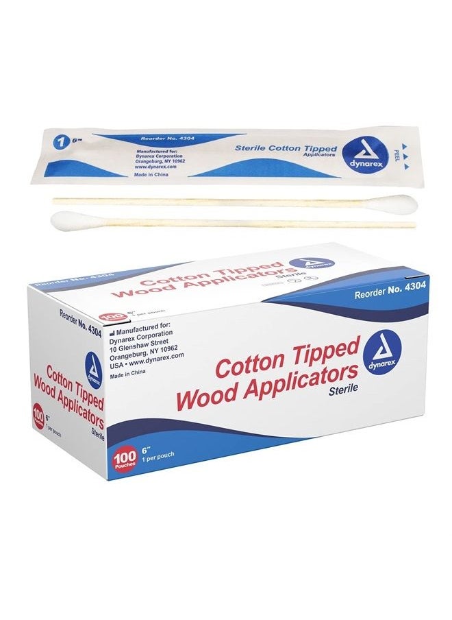 Dynarex - 6-Inch Sterile Cotton Tipped Applicators - Single-Use Wooden Cotton Tip Applicators for Wound Care & Dressing, Hygiene, Makeup, Cleaning - 1 Box of 100 Pouches, 1 per Pouch - Image 1