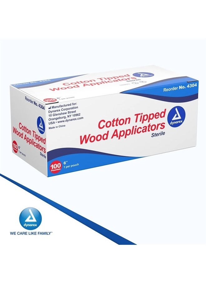 Dynarex - 6-Inch Sterile Cotton Tipped Applicators - Single-Use Wooden Cotton Tip Applicators for Wound Care & Dressing, Hygiene, Makeup, Cleaning - 1 Box of 100 Pouches, 1 per Pouch - Image 1