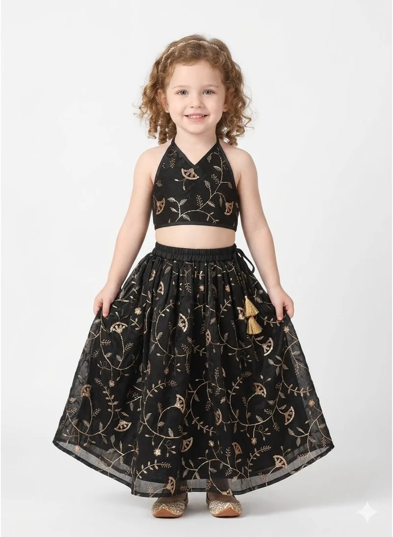 Saka Designs Embroidered Black Lehenga & Choli for Girls