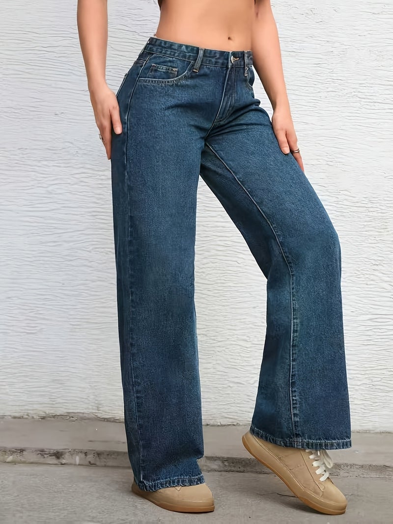 Women's Wide-Leg Oversized Denim Pants - Beltless Mid-Rise Wide-Look Pants with Built-In Zipper Closure, Solid Color Casual & Office Wear, Machine Washable Loose Legged Trousers Suitable... - Image 5