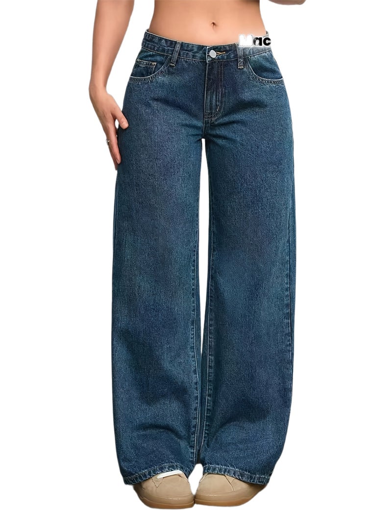 Women's Wide-Leg Oversized Denim Pants - Beltless Mid-Rise Wide-Look Pants with Built-In Zipper Closure, Solid Color Casual & Office Wear, Machine Washable Loose Legged Trousers Suitable... - Image 1