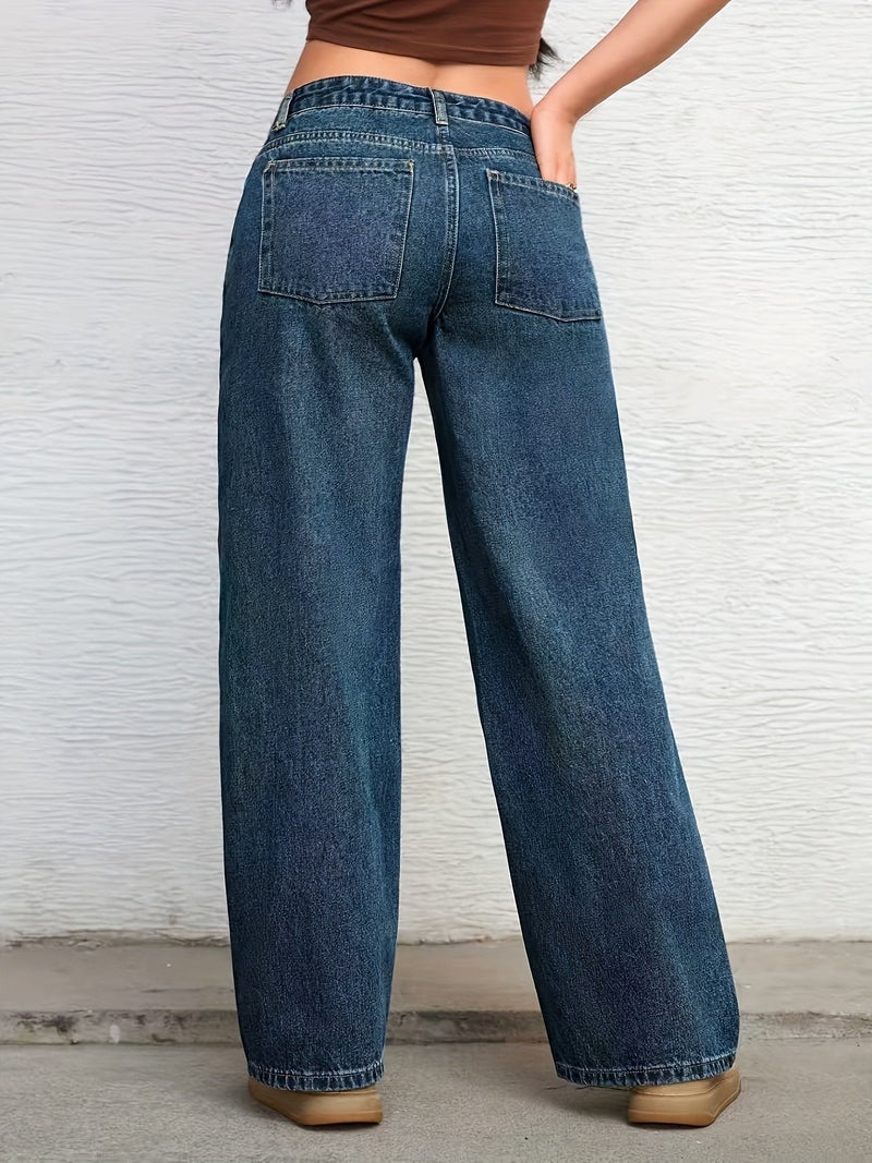 Women's Wide-Leg Oversized Denim Pants - Beltless Mid-Rise Wide-Look Pants with Built-In Zipper Closure, Solid Color Casual & Office Wear, Machine Washable Loose Legged Trousers Suitable... - Image 4