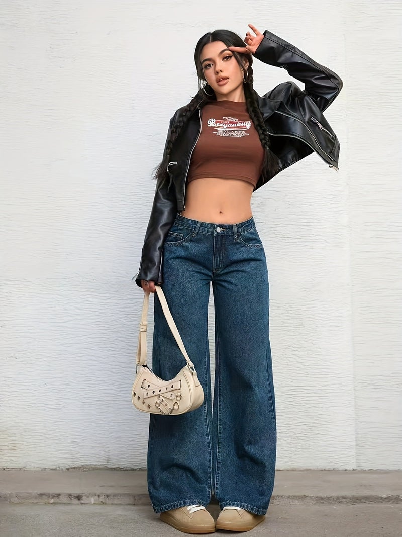 Women's Wide-Leg Oversized Denim Pants - Beltless Mid-Rise Wide-Look Pants with Built-In Zipper Closure, Solid Color Casual & Office Wear, Machine Washable Loose Legged Trousers Suitable... - Image 3