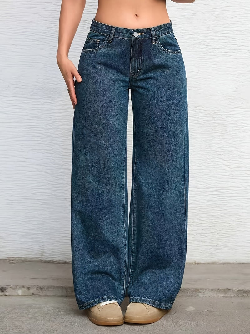 Women's Wide-Leg Oversized Denim Pants - Beltless Mid-Rise Wide-Look Pants with Built-In Zipper Closure, Solid Color Casual & Office Wear, Machine Washable Loose Legged Trousers Suitable... - Image 2