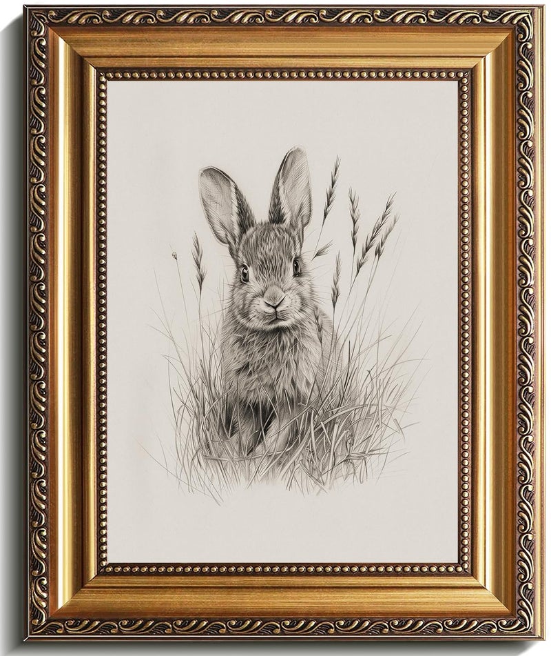 uniro Vintage Gold Framed Wall Art, Farmhouse Decor Easter Bunny Sketch Canvas Art Prints Painting, Neutral Country Rabbit Drawing Picture Wall Decor, Rustic Animal Nursery Frame Art for Bedroom, Gallary, Living Room, Office, Cottagecore decor - 9x12Inch - Image 1