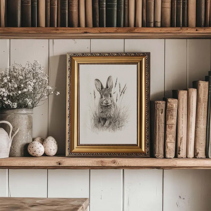 uniro Vintage Gold Framed Wall Art, Farmhouse Decor Easter Bunny Sketch Canvas Art Prints Painting, Neutral Country Rabbit Drawing Picture Wall Decor, Rustic Animal Nursery Frame Art for Bedroom, Gallary, Living Room, Office, Cottagecore decor - 9x12Inch - Image 4