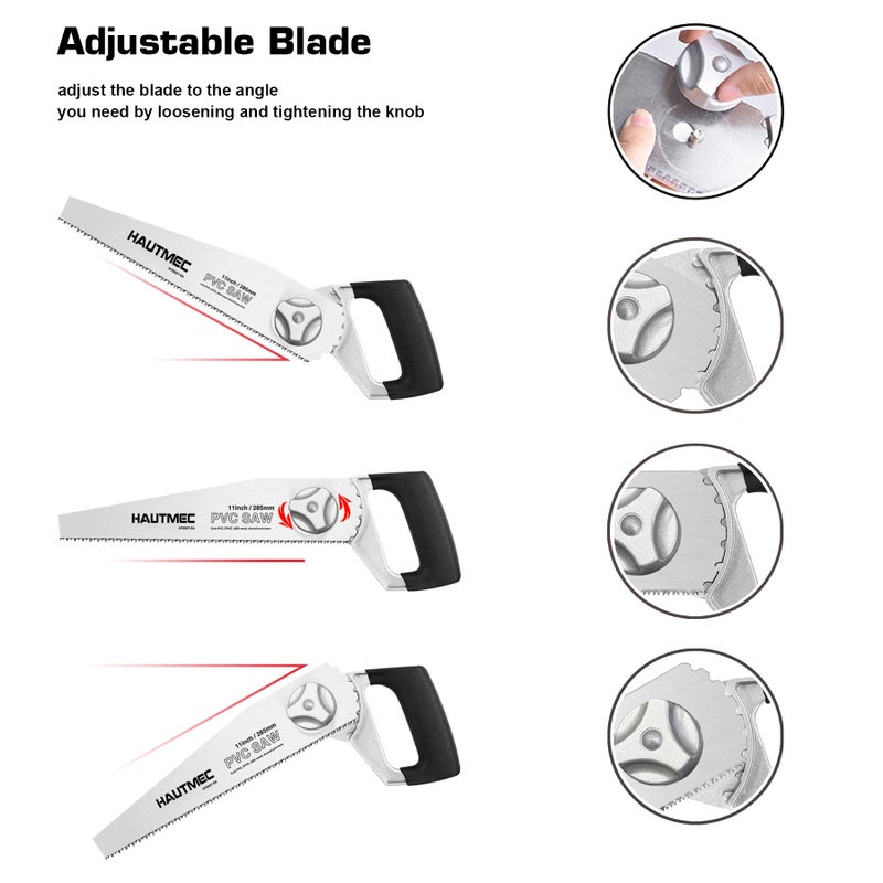HAUTMEC Heavy Duty 11-Inch PVC/ABS Pipe Saw And General Purpose Hand saw, Adjustable Cutting Angle, For Cutting Pipe In Tight Spaces, for Trimming, Gardening, Wood, Drywall, And Plastic HT0027-SA - Image 4