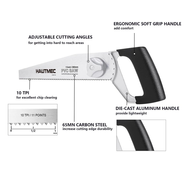 HAUTMEC Heavy Duty 11-Inch PVC/ABS Pipe Saw And General Purpose Hand saw, Adjustable Cutting Angle, For Cutting Pipe In Tight Spaces, for Trimming, Gardening, Wood, Drywall, And Plastic HT0027-SA - Image 2